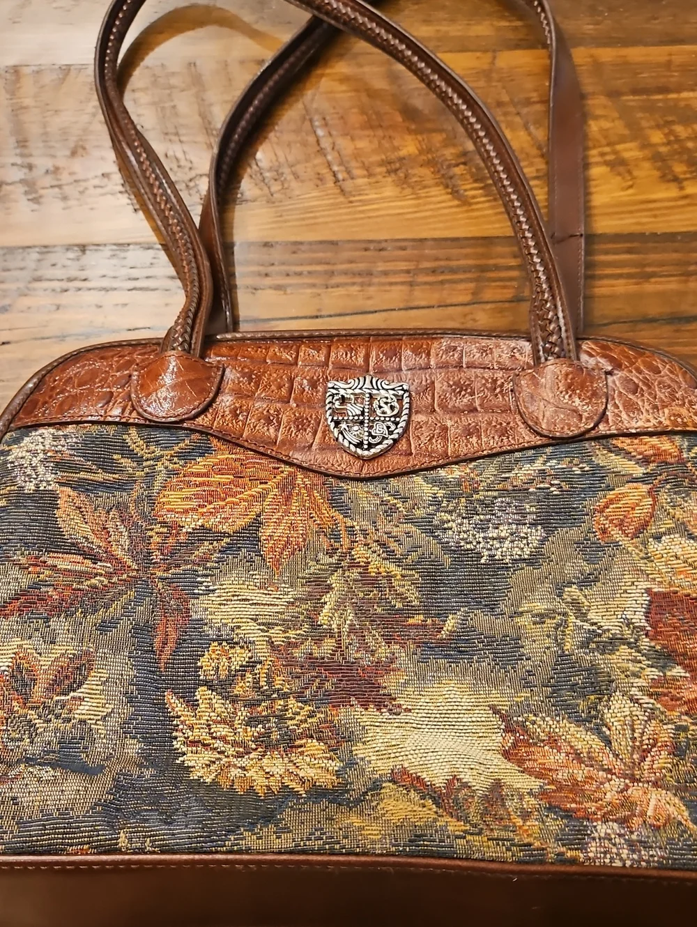Vintage Marc Chantal Brown Floral Tapestry Shoulder Bag with Leather Trim
